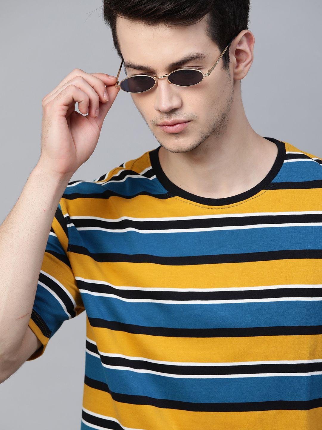 the roadster lifestyle co men mustard yellow & blue striped pure cotton t-shirt