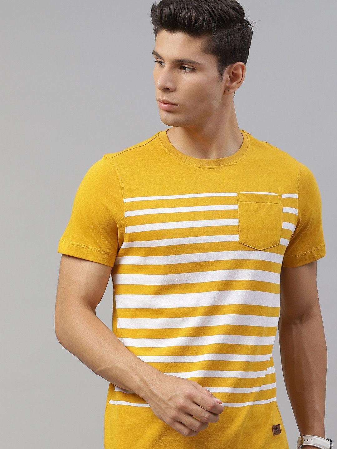 the roadster lifestyle co men mustard yellow & white striped pocket detailing t-shirt