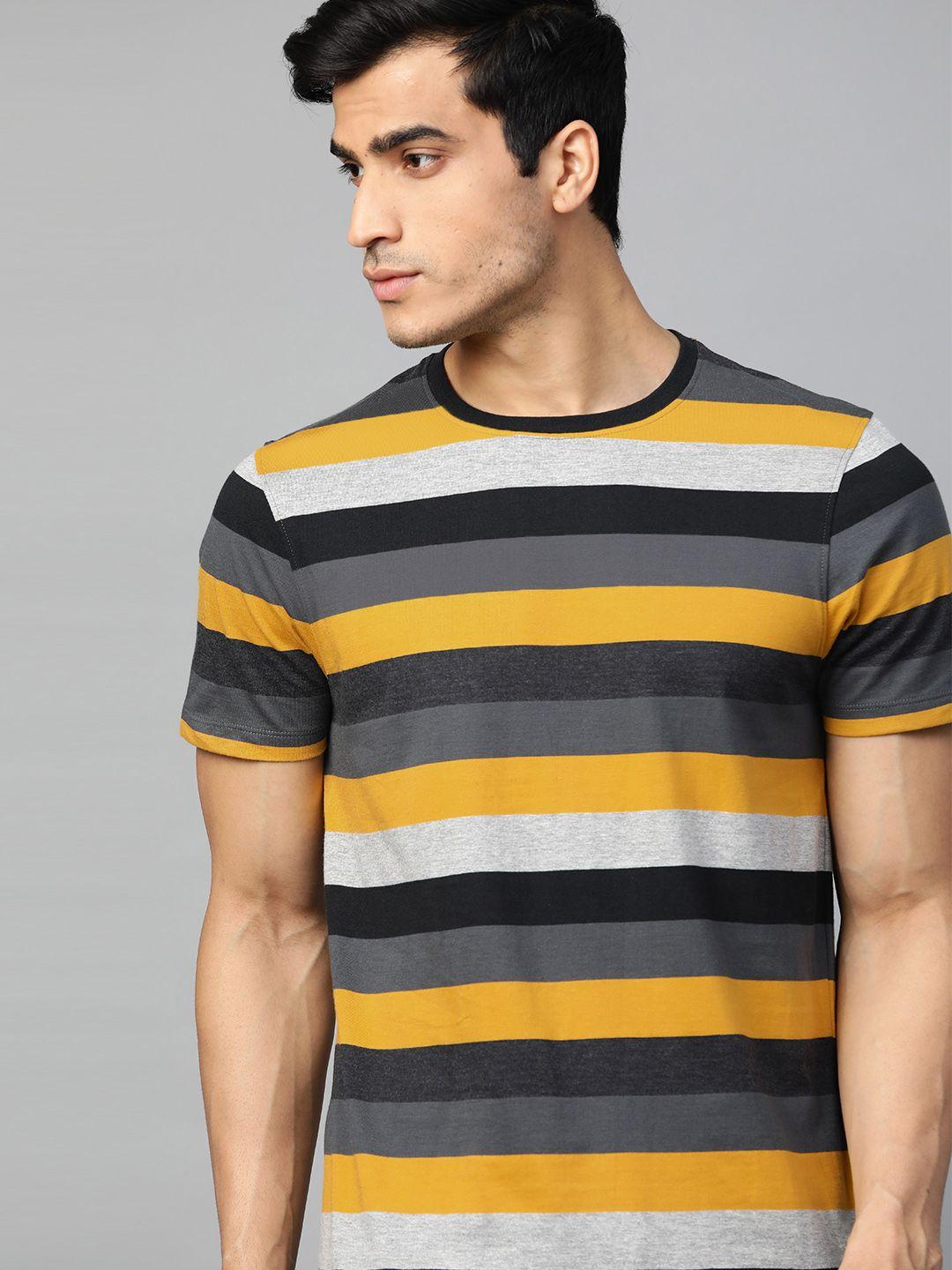the roadster lifestyle co men mustard yellow  grey striped round neck pure cotton t-shirt