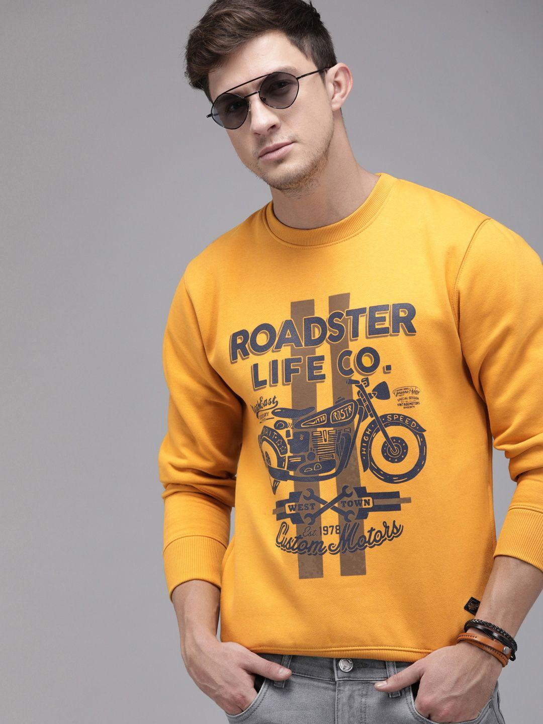 the roadster lifestyle co men mustard yellow printed sweatshirt