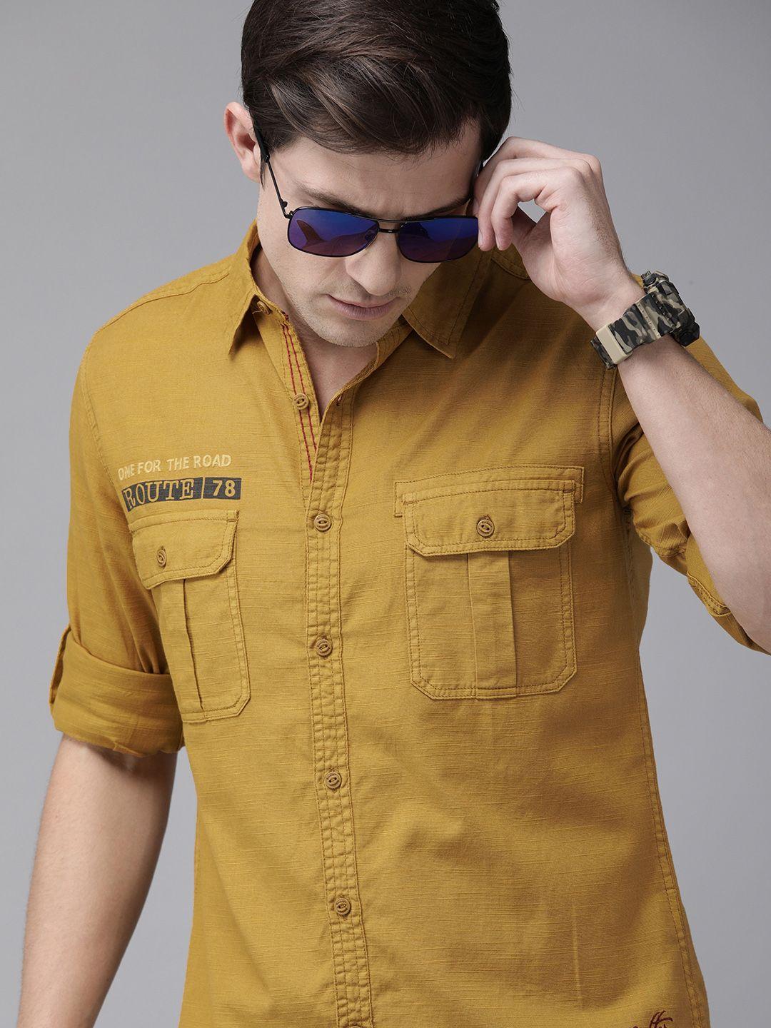 the roadster lifestyle co men mustard yellow pure cotton regular fit casual shirt