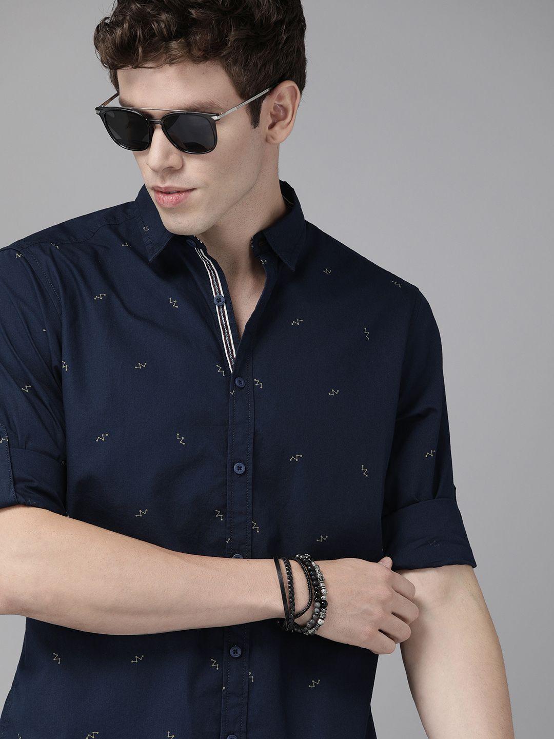 the roadster lifestyle co men navy blue & beige regular fit printed sustainable casual shirt