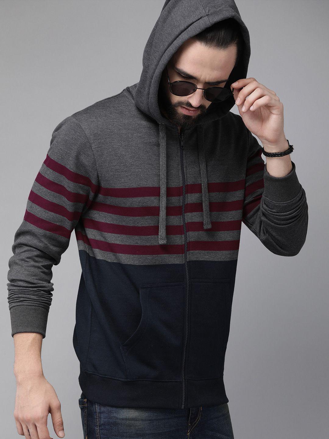 the roadster lifestyle co men navy blue & grey colourblocked hooded sweatshirt