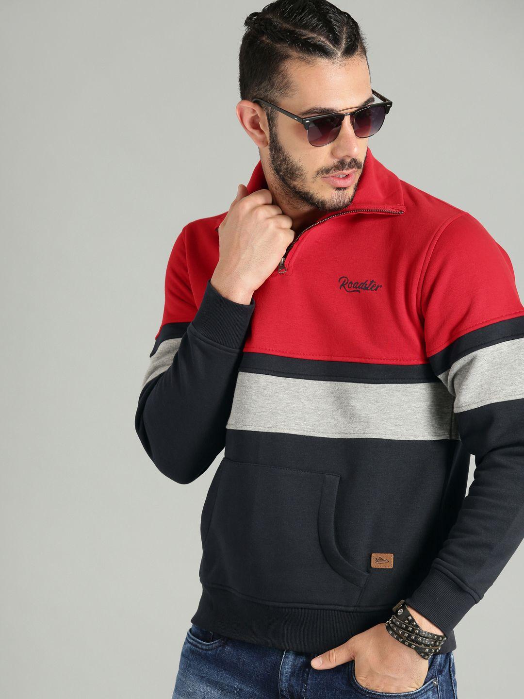 the roadster lifestyle co men navy blue & red colourblocked sweatshirt