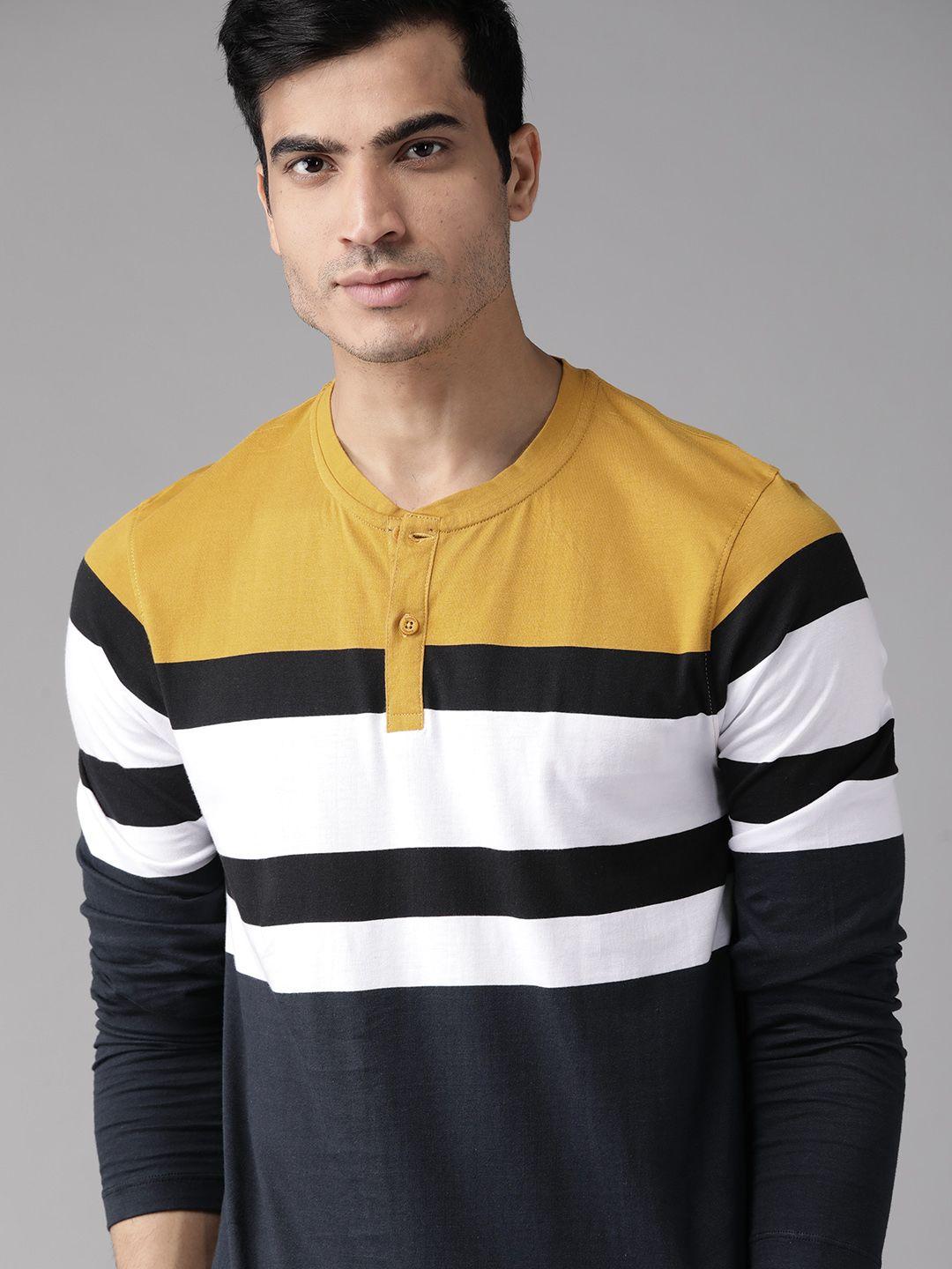the roadster lifestyle co men navy blue & white striped henley neck t-shirt