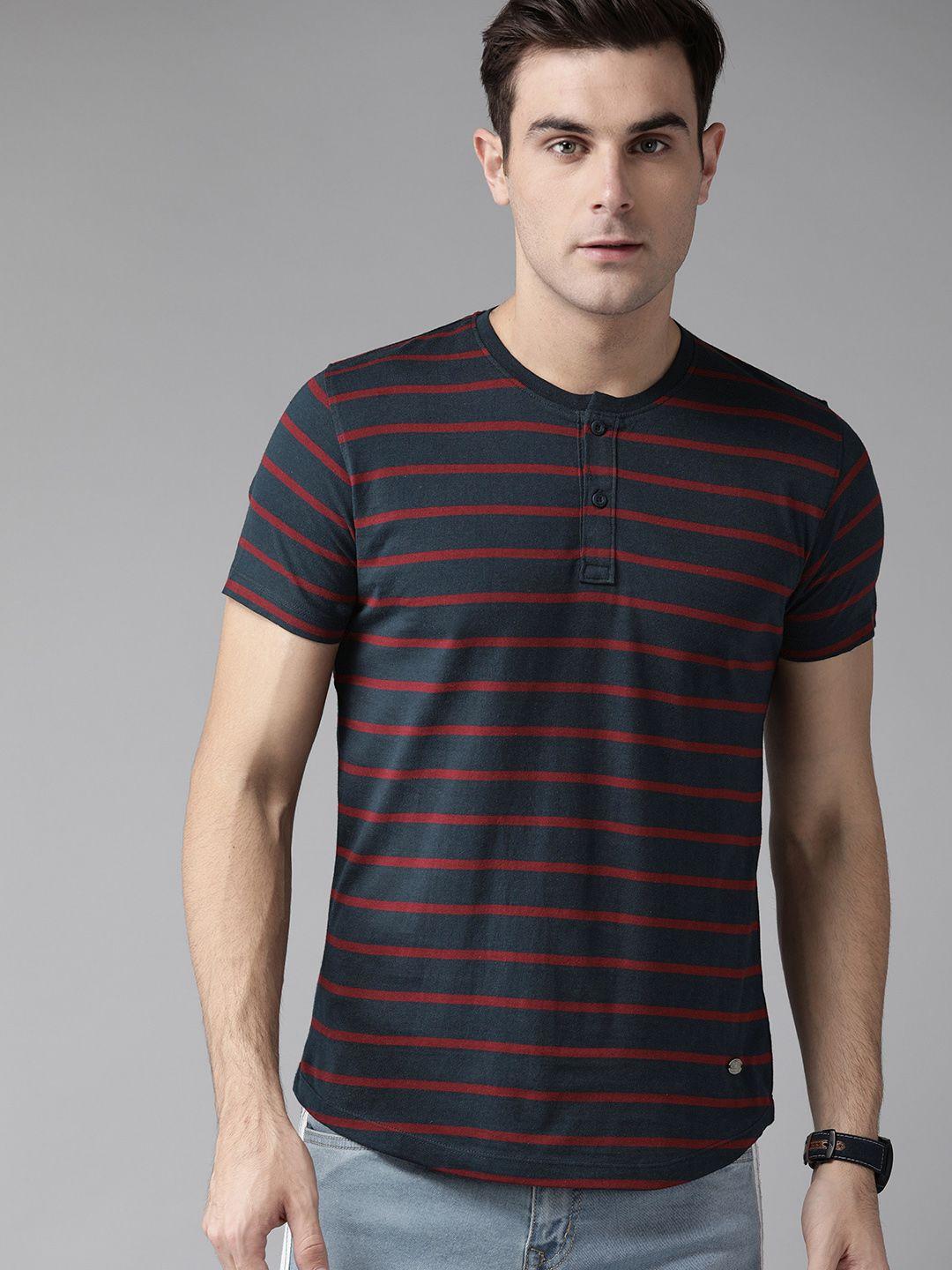 the roadster lifestyle co men navy blue  maroon striped henley neck pure cotton t-shirt