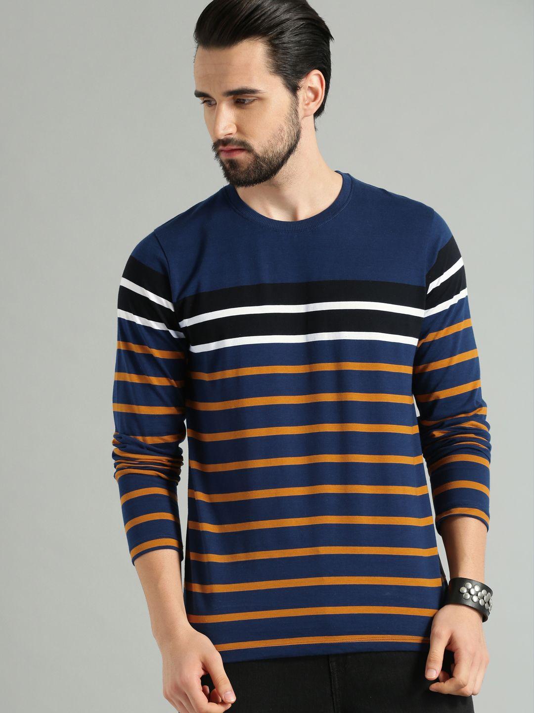 the roadster lifestyle co men navy blue  mustard yellow striped round neck pure cotton t-shirt