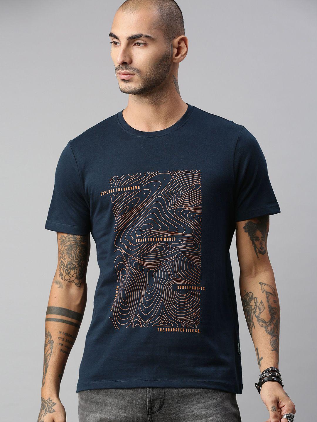 the roadster lifestyle co men navy blue  orange printed pure cotton t-shirt