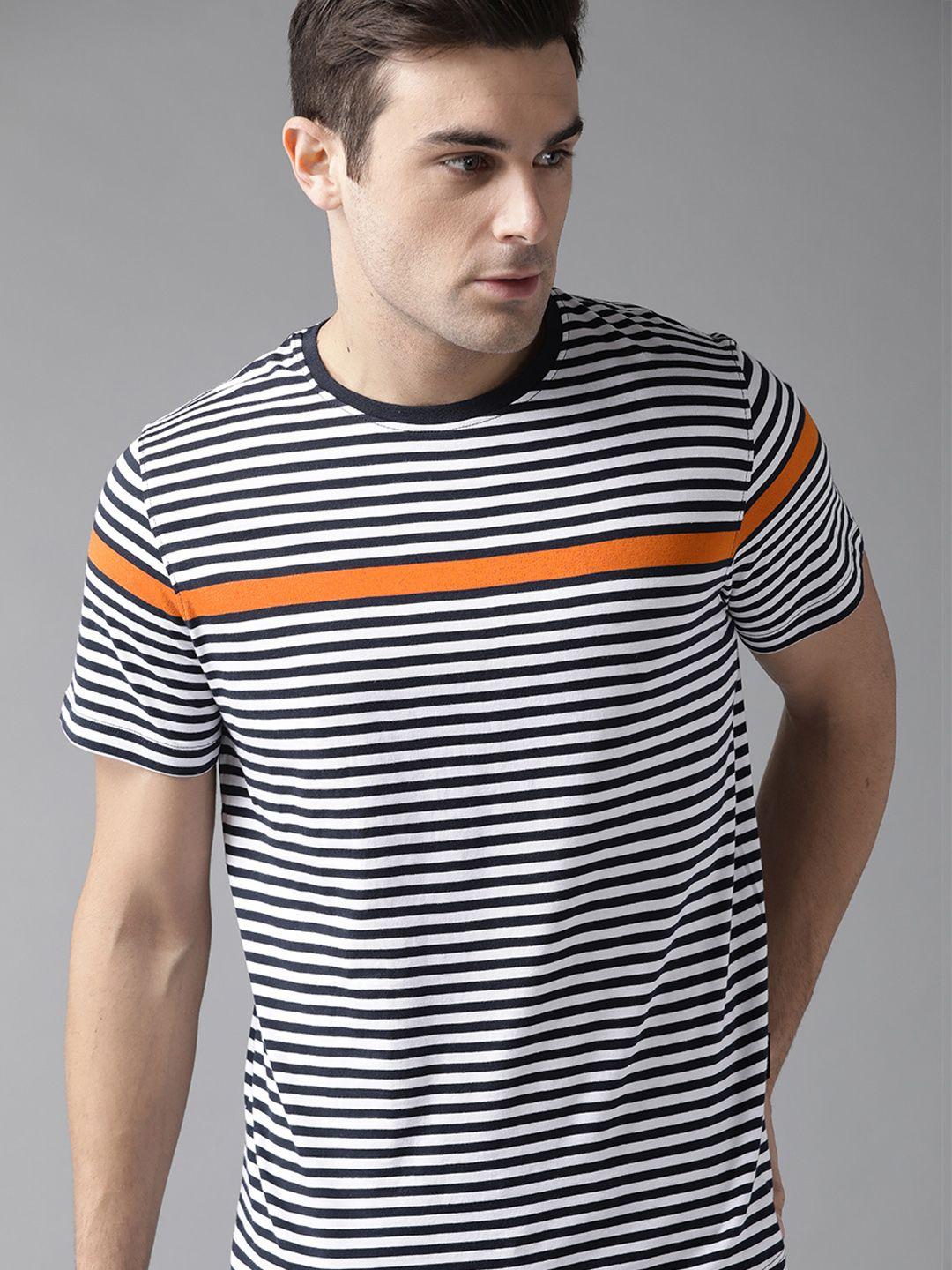 the roadster lifestyle co men navy blue  white striped round neck pure cotton t-shirt