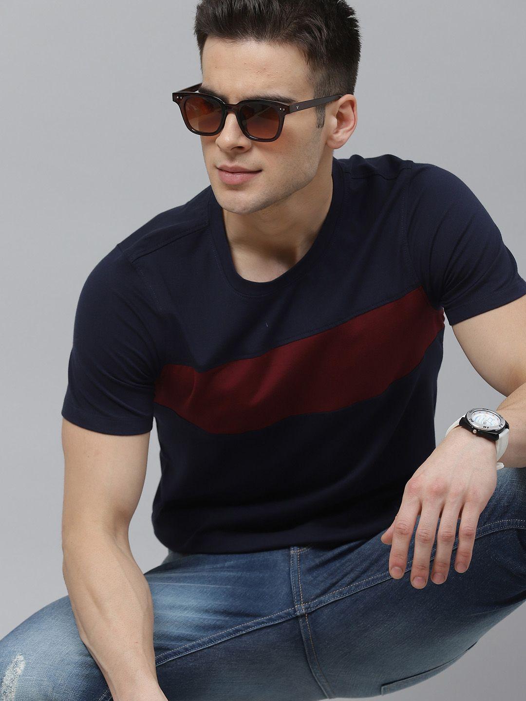 the roadster lifestyle co men navy blue colourblocked round neck t-shirt