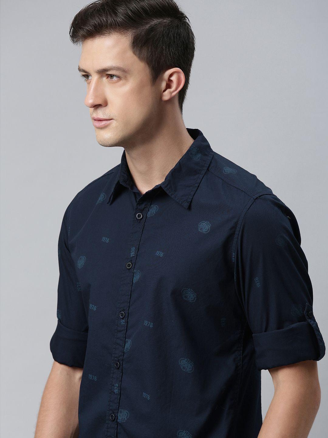 the roadster lifestyle co men navy blue printed casual shirt