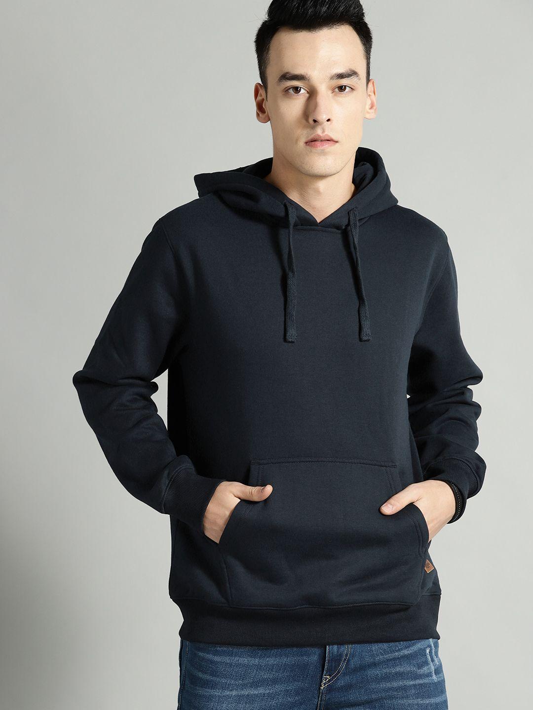 the roadster lifestyle co men navy blue solid hooded sweatshirt