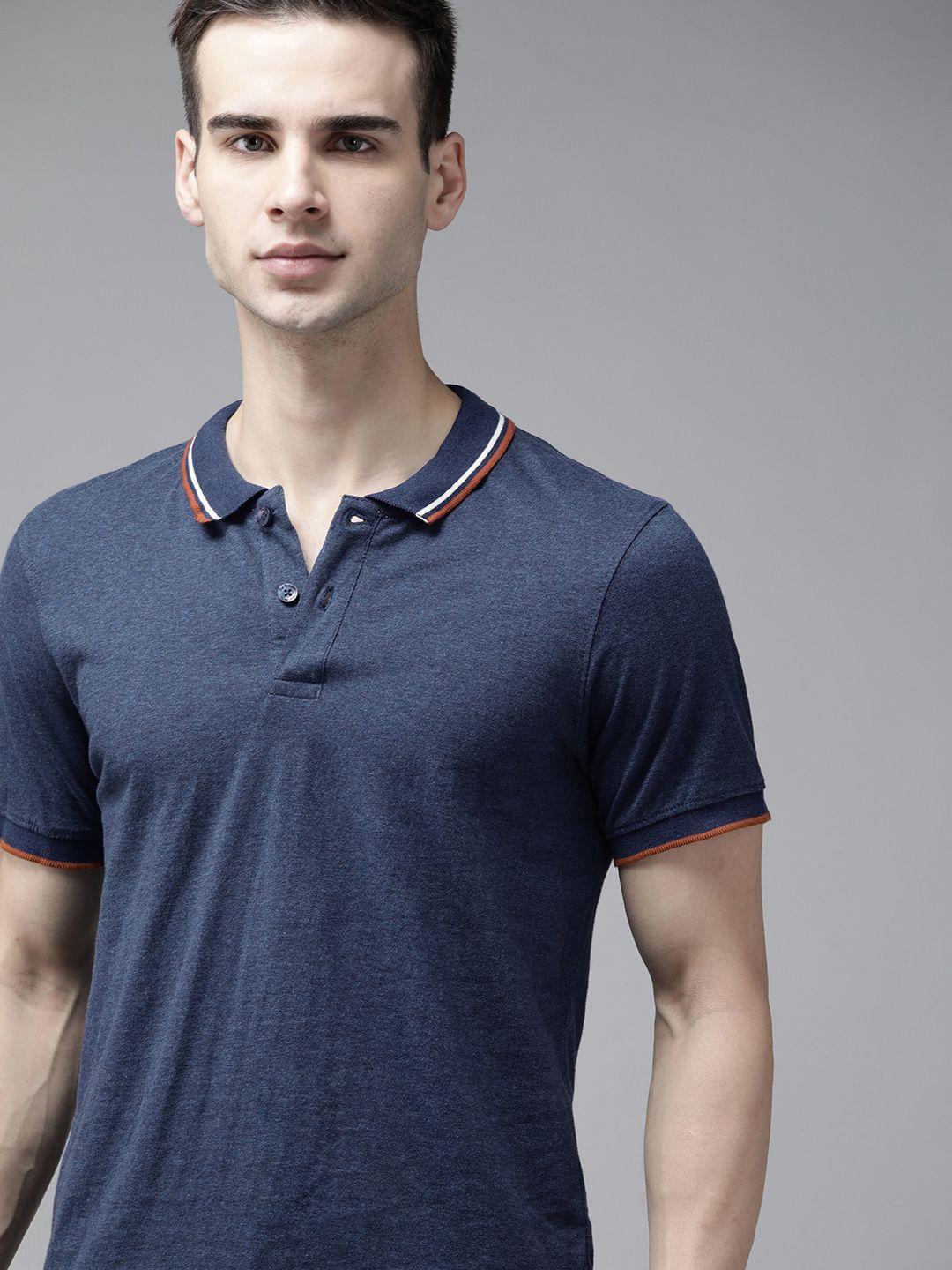 the roadster lifestyle co men navy blue solid pure cotton polo collar pure cotton t-shirt