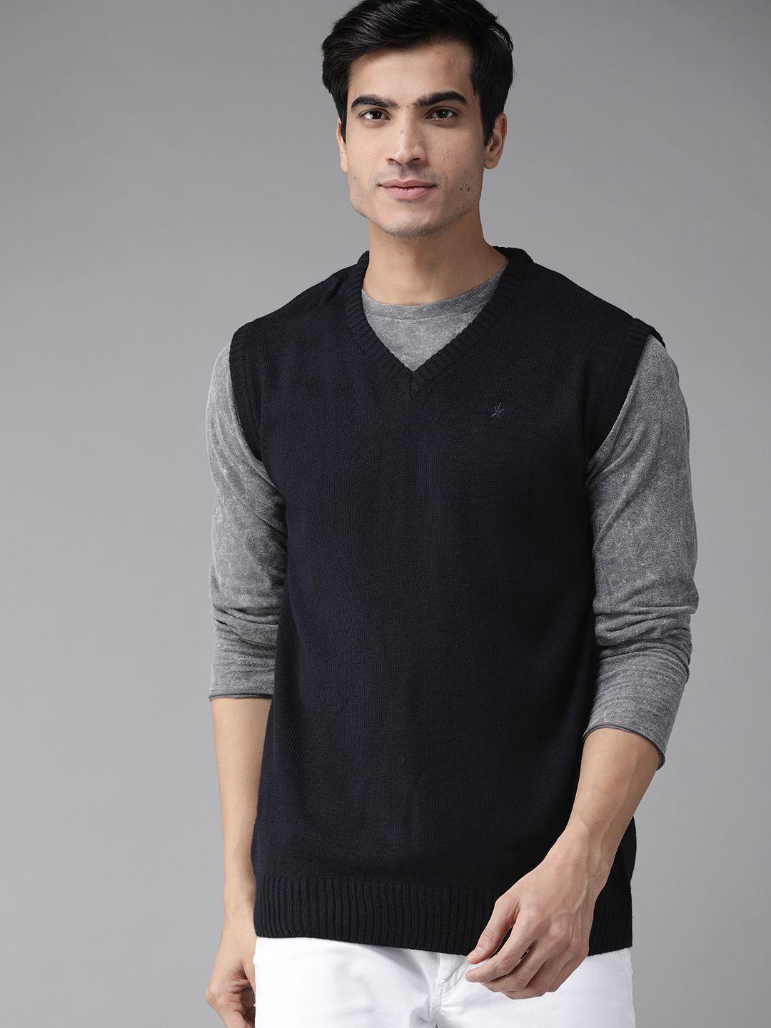 the roadster lifestyle co men navy blue solid sweater vest