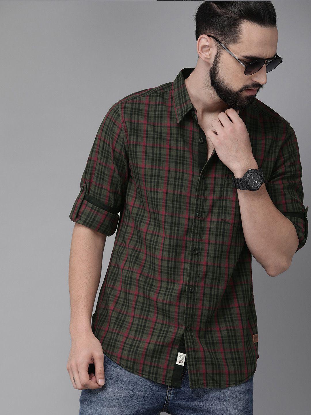 the roadster lifestyle co men olive green & black regular fit checked sustainable casual shirt