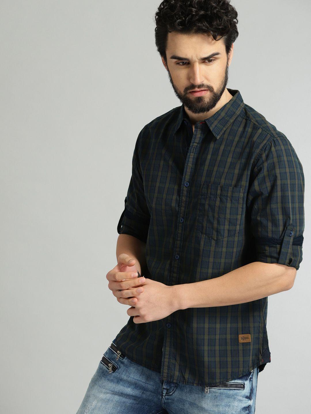 the roadster lifestyle co men olive green & navy blue regular fit checked sustainable casual shirt