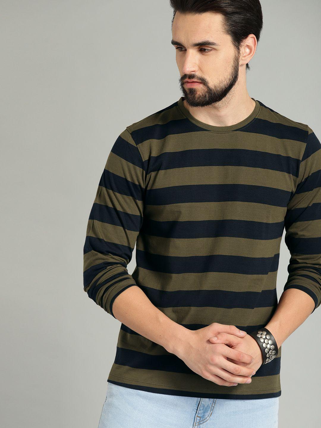 the roadster lifestyle co men olive green  navy blue striped round neck pure cotton t-shirt