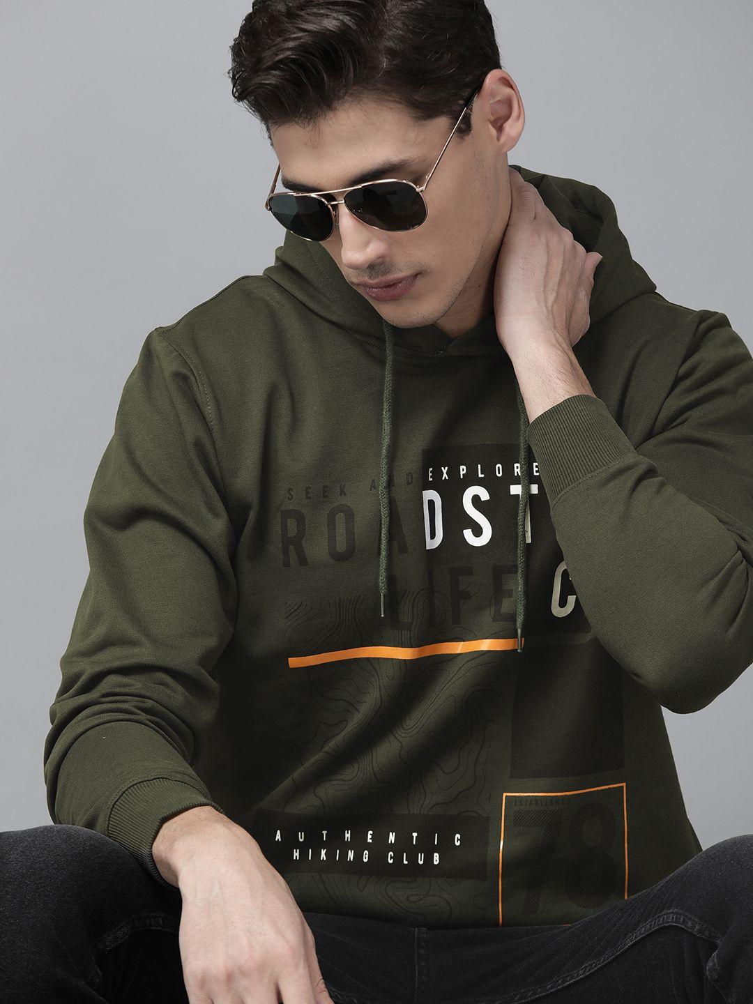 the roadster lifestyle co men olive green brand logo printed hooded sweatshirt