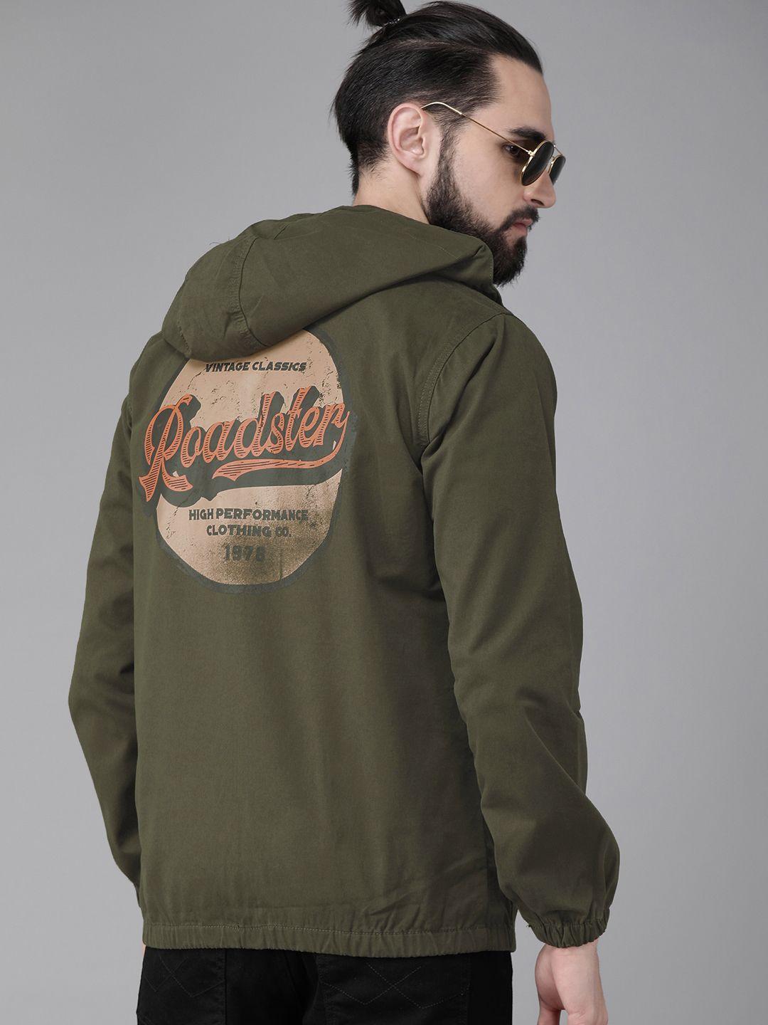 the roadster lifestyle co men olive green printed hooded tailored jacket