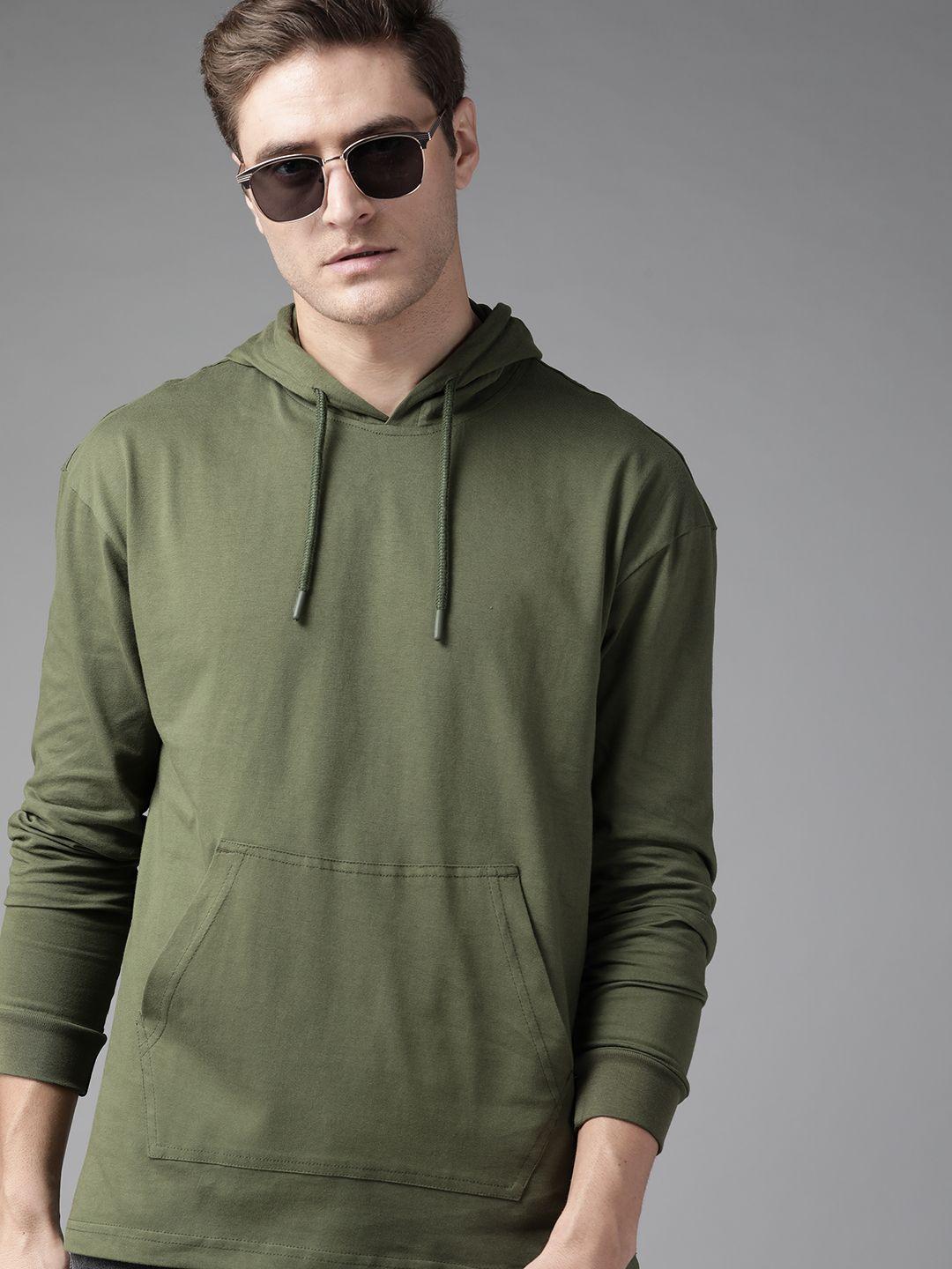 the roadster lifestyle co men olive green pure cotton solid hooded t-shirt