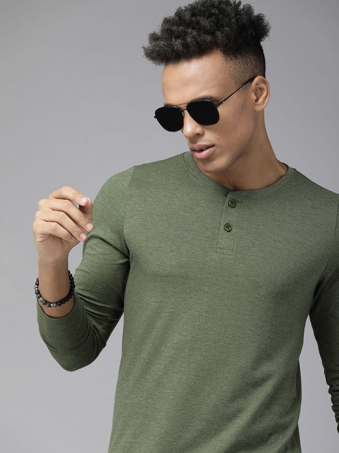 the roadster lifestyle co men olive green solid henley neck casual t-shirt