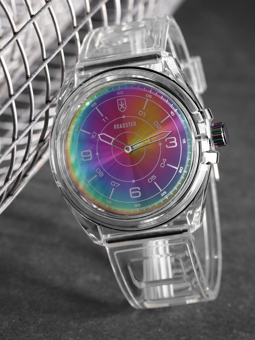 the roadster lifestyle co men purple dial  transparent straps analogue watch mfb-pn-dk-dk2885