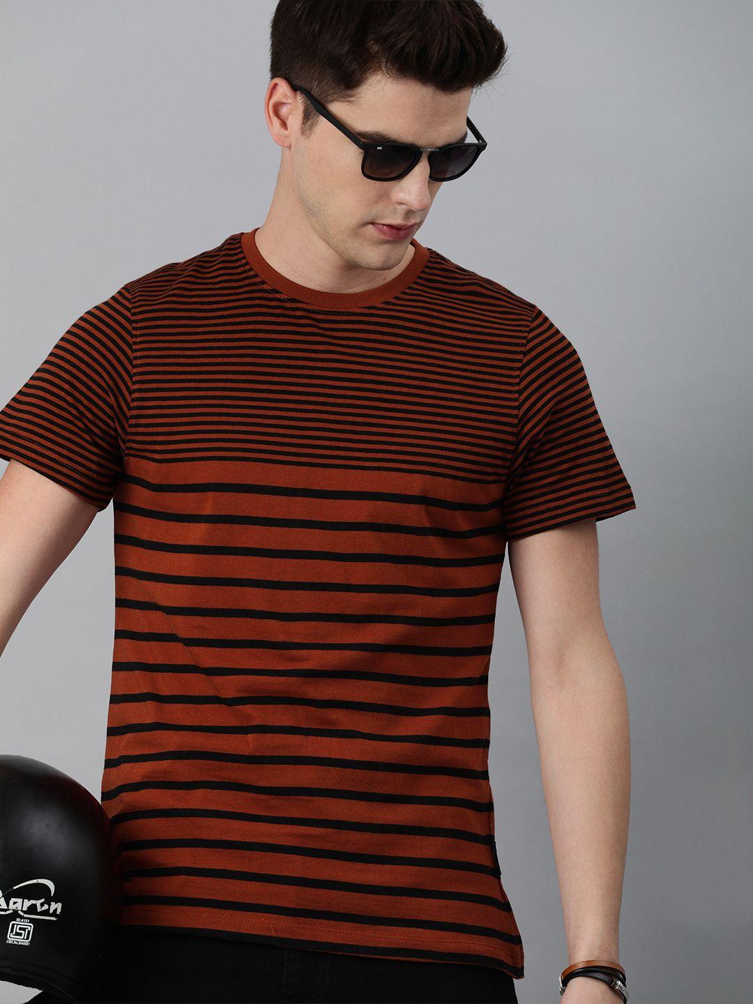 the roadster lifestyle co men red  black striped pure cotton t-shirt