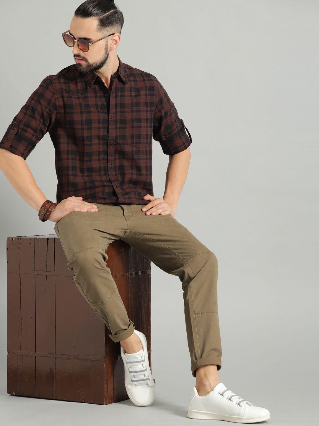 the roadster lifestyle co men rust brown & black regular fit checked sustainable casual shirt