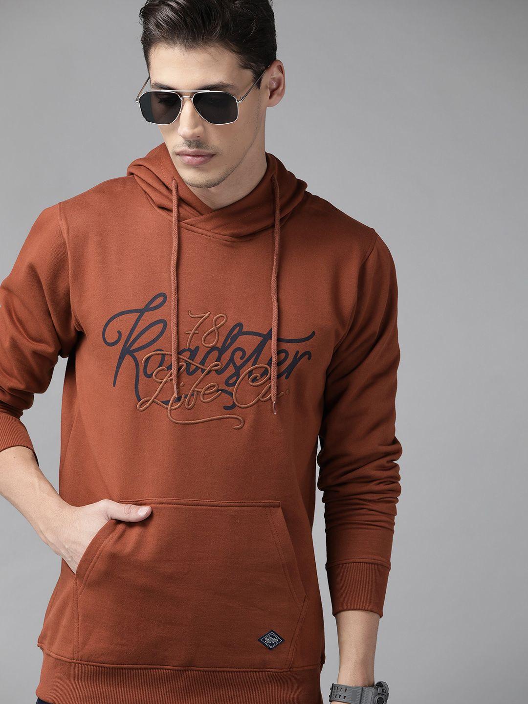 the roadster lifestyle co men rust brown printed hooded sweatshirt