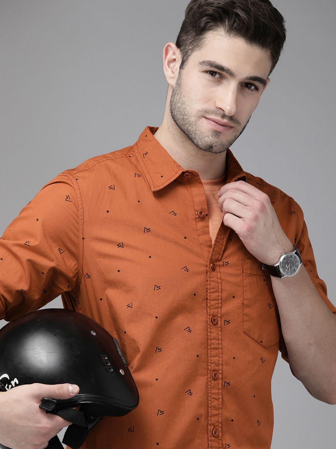 the roadster lifestyle co men rust orange & black printed pure cotton casual shirt