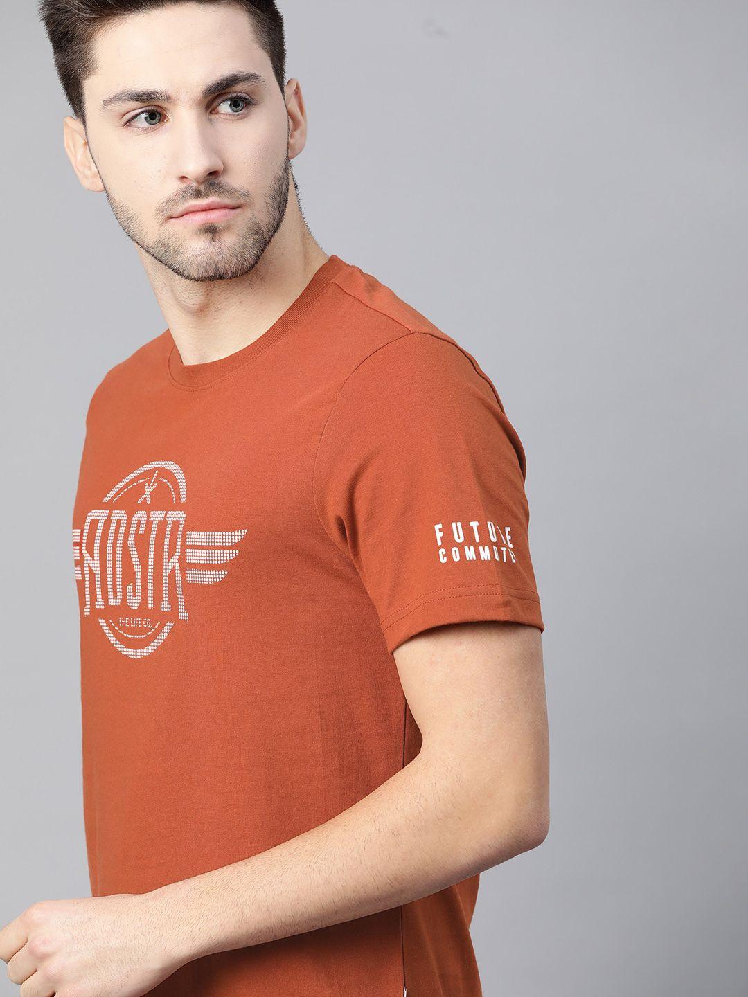 the roadster lifestyle co men rust orange  white brand logo printed pure cotton t-shirt