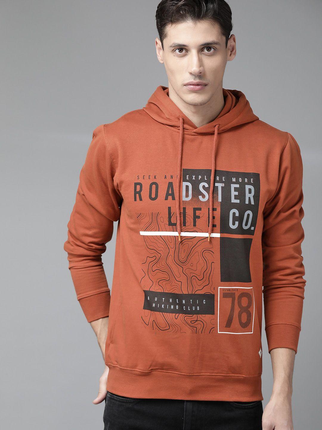 the roadster lifestyle co men rust orange brand logo printed hooded sweatshirt