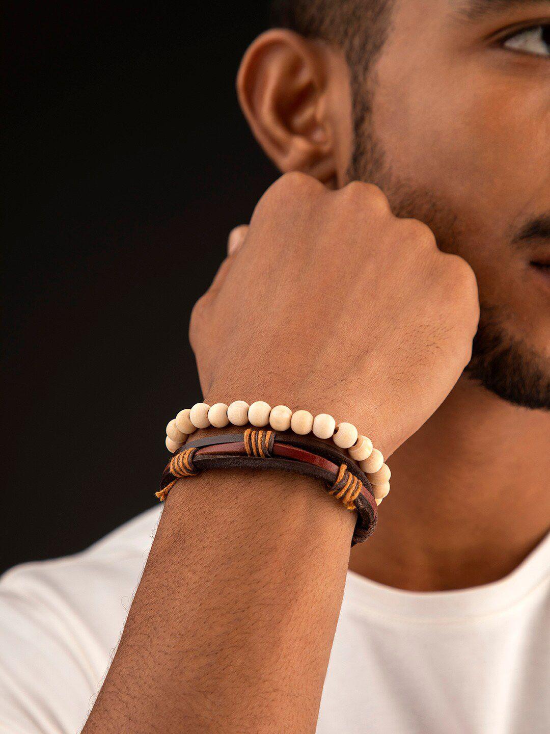 the roadster lifestyle co men set of 2 brown & pink beaded & alloy stack bracelet