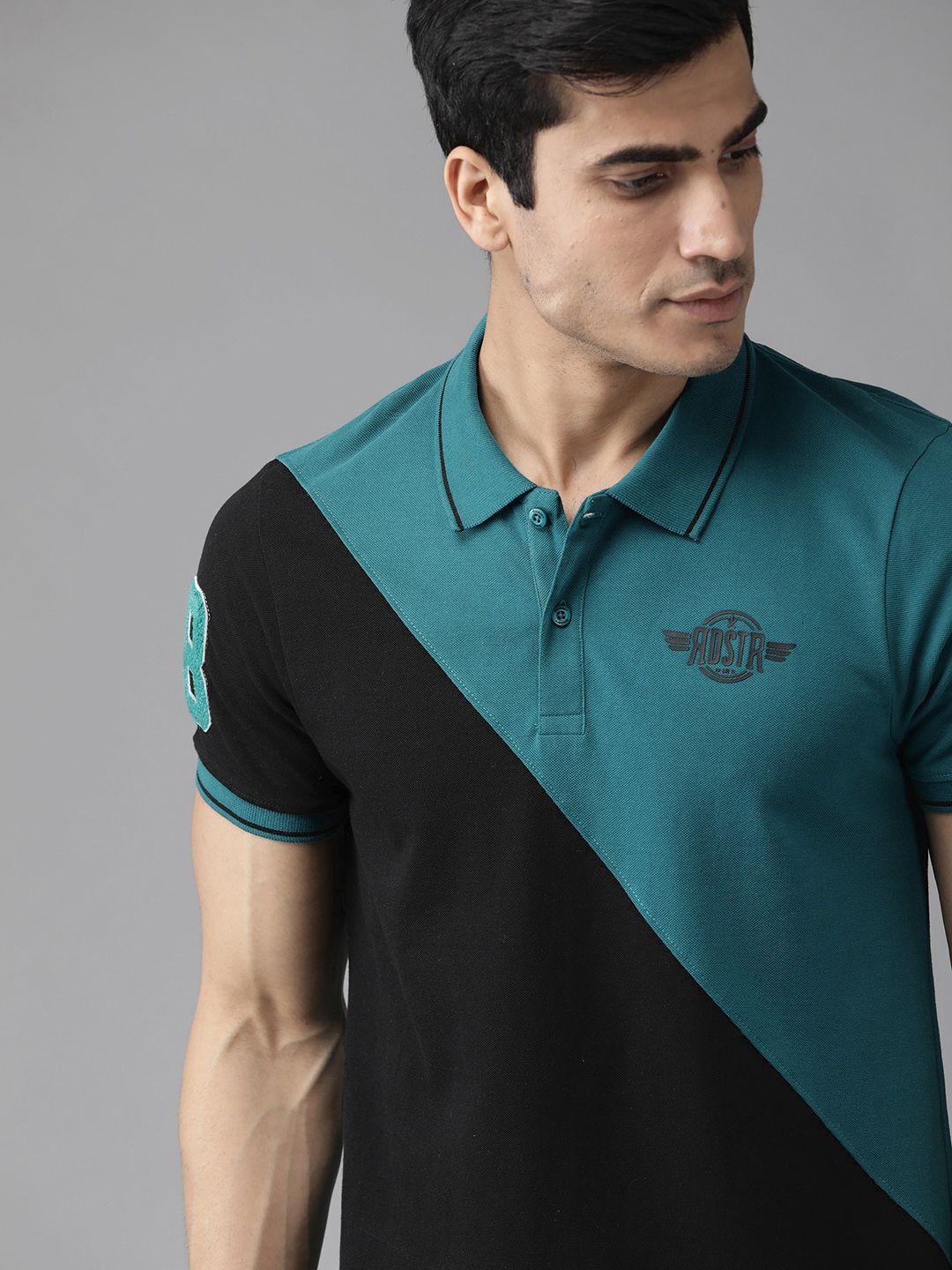 the roadster lifestyle co men teal blue & black colourblocked polo collar t-shirt