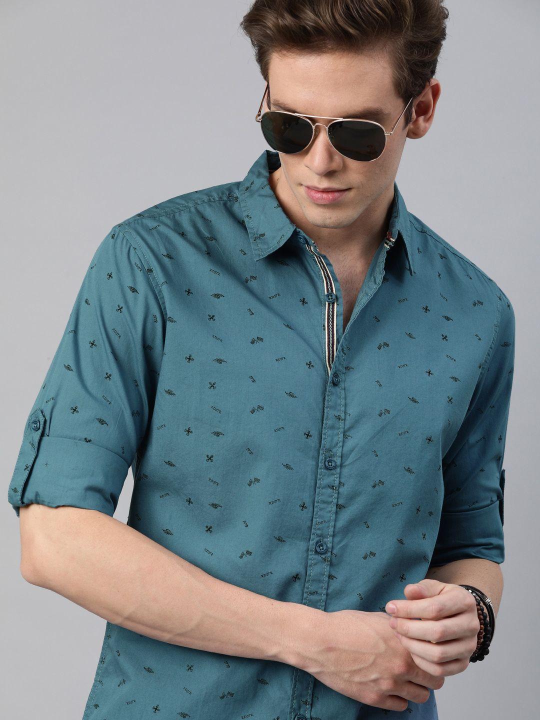 the roadster lifestyle co men teal blue & black regular fit printed casual sustainable shirt