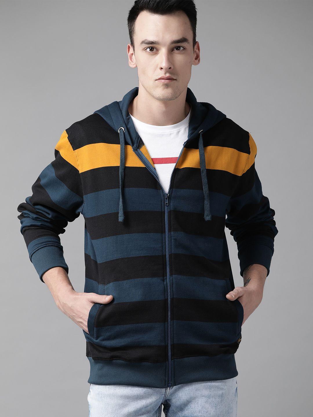 the roadster lifestyle co men teal blue & black striped hooded sweatshirt