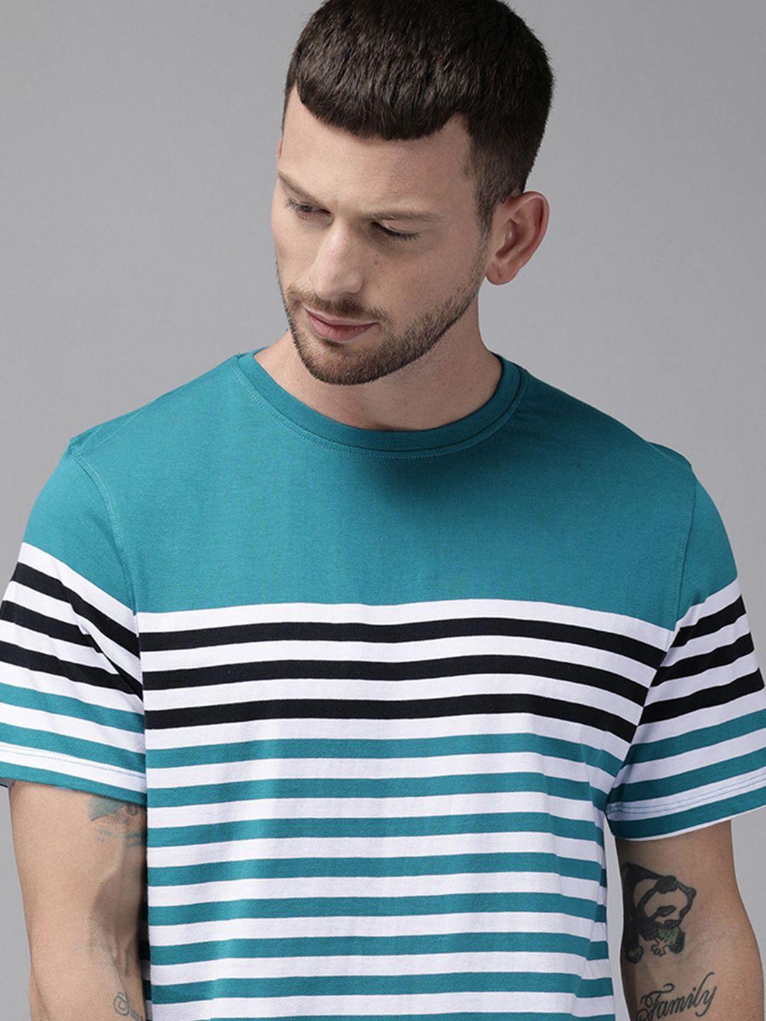 the roadster lifestyle co men teal blue  white striped round neck pure cotton t-shirt