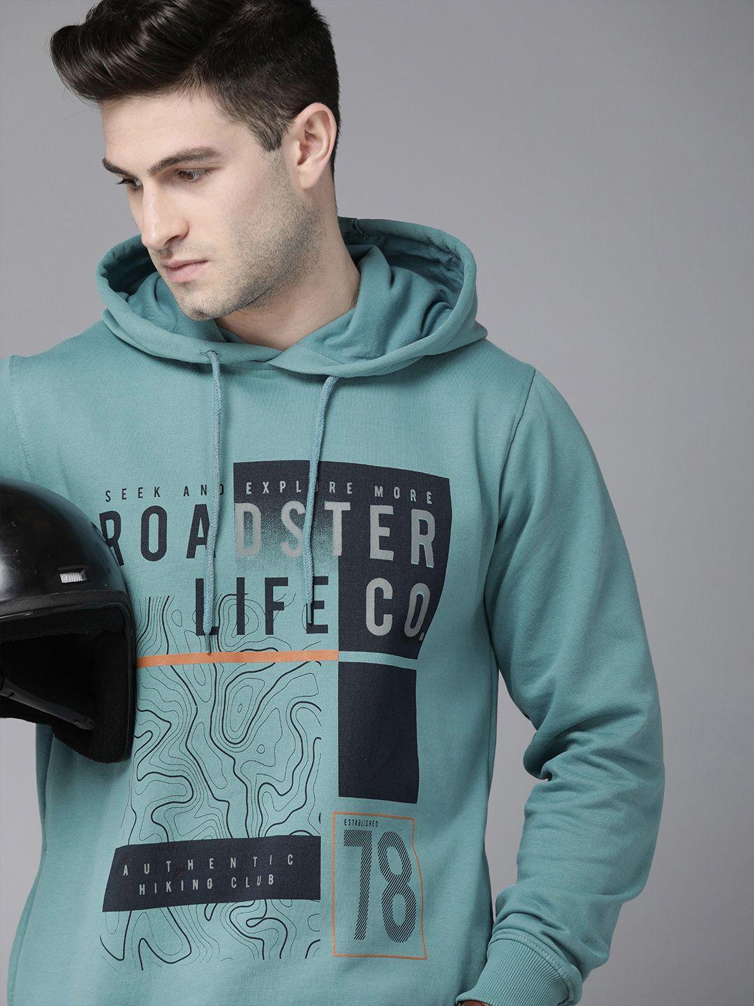 the roadster lifestyle co men turquoise blue brand logo printed hooded sweatshirt