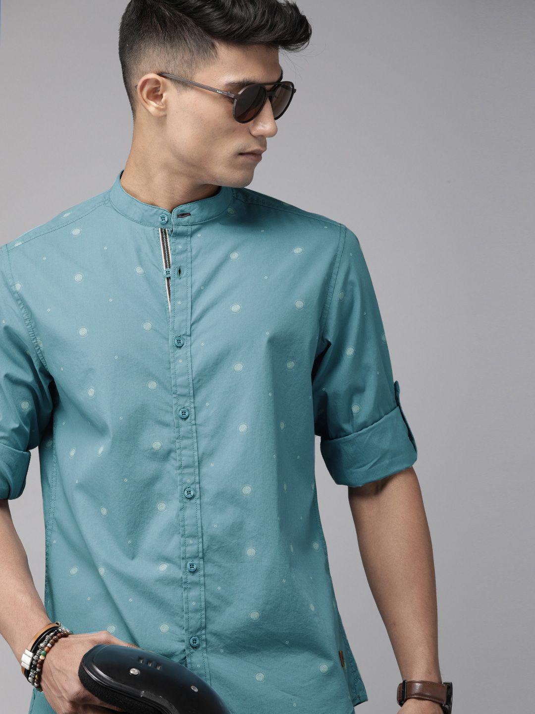 the roadster lifestyle co men turquoise blue romain aop regular fit printed pure cotton sustainable casual shirt