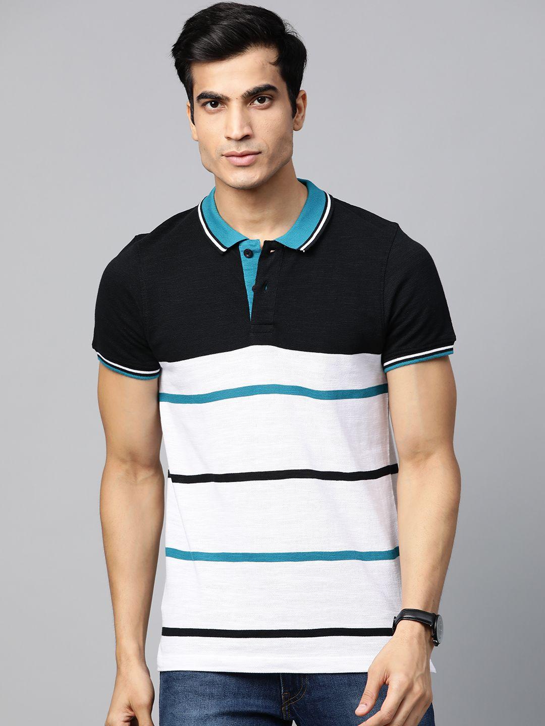 the roadster lifestyle co men white & black striped polo collar t-shirt