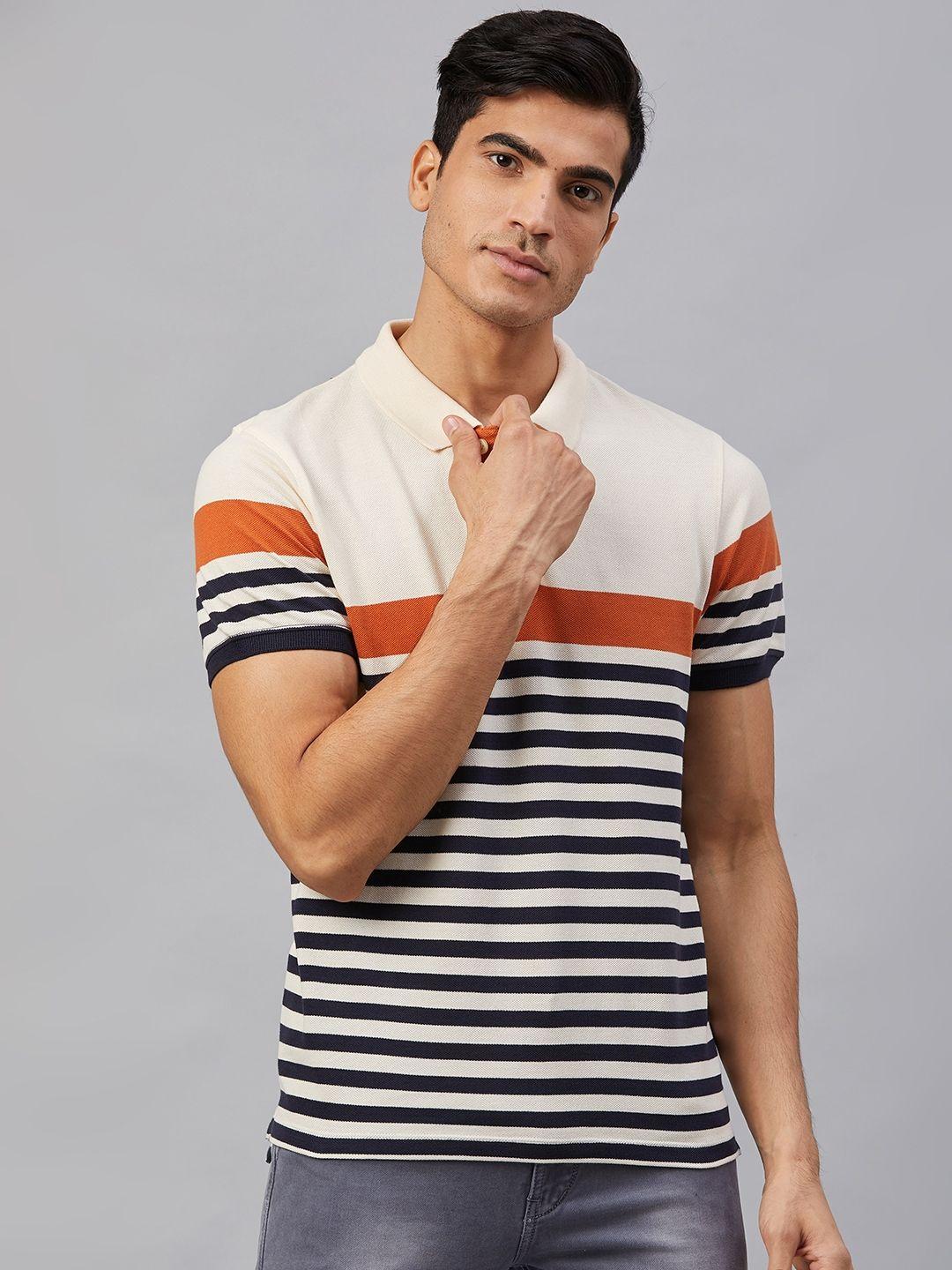 the roadster lifestyle co men white  navy striped polo collar pure cotton t-shirt