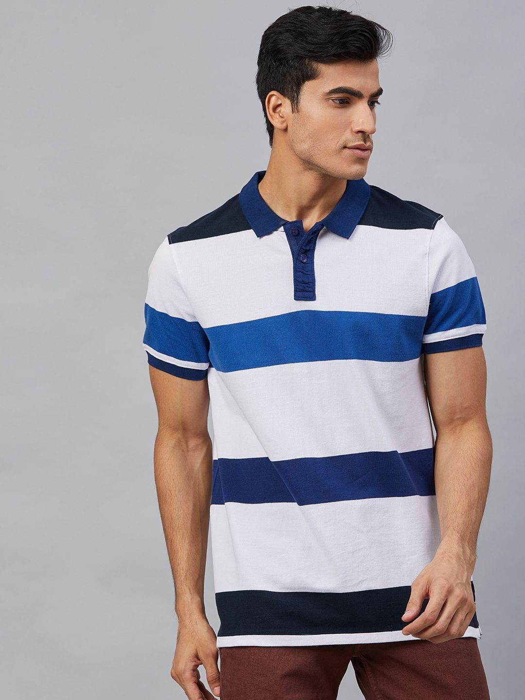 the roadster lifestyle co men white striped polo collar pure cotton t-shirt