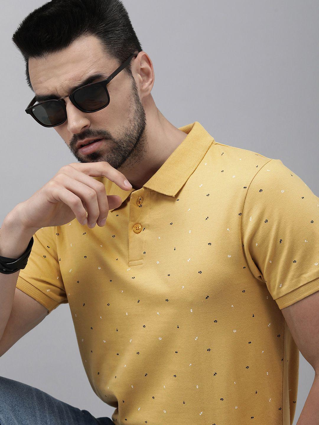 the roadster lifestyle co men yellow & black printed polo collar pure cotton t-shirt