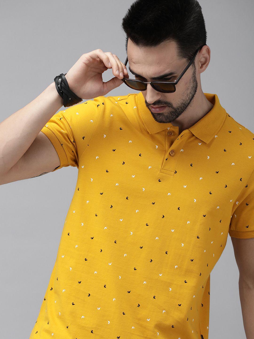 the roadster lifestyle co men yellow & black printed polo collar pure cotton t-shirt