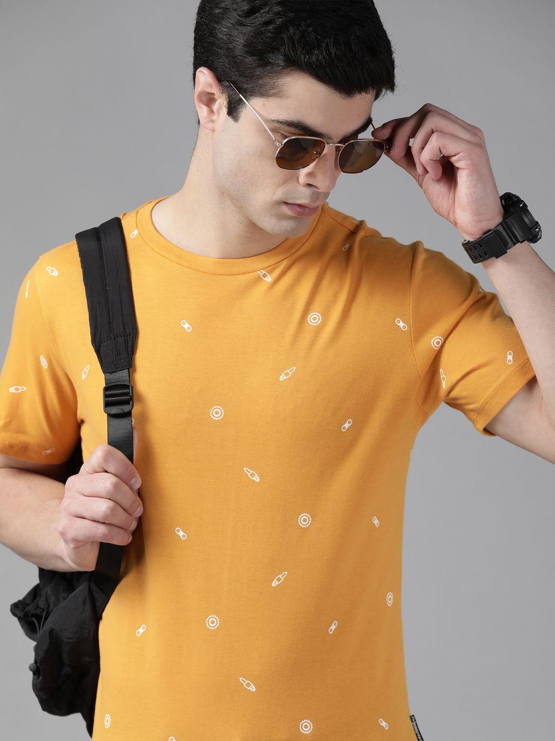 the roadster lifestyle co men yellow & white printed pure cotton t-shirt