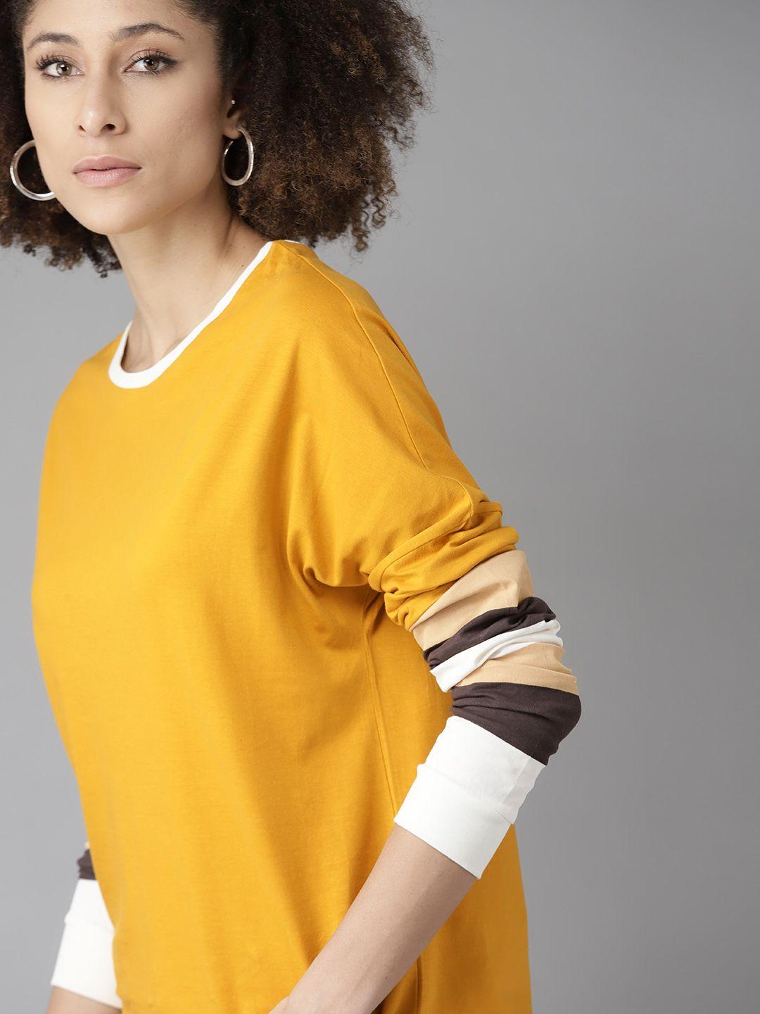 the roadster lifestyle co mustard yellow pure cotton solid extended sleeves regular top