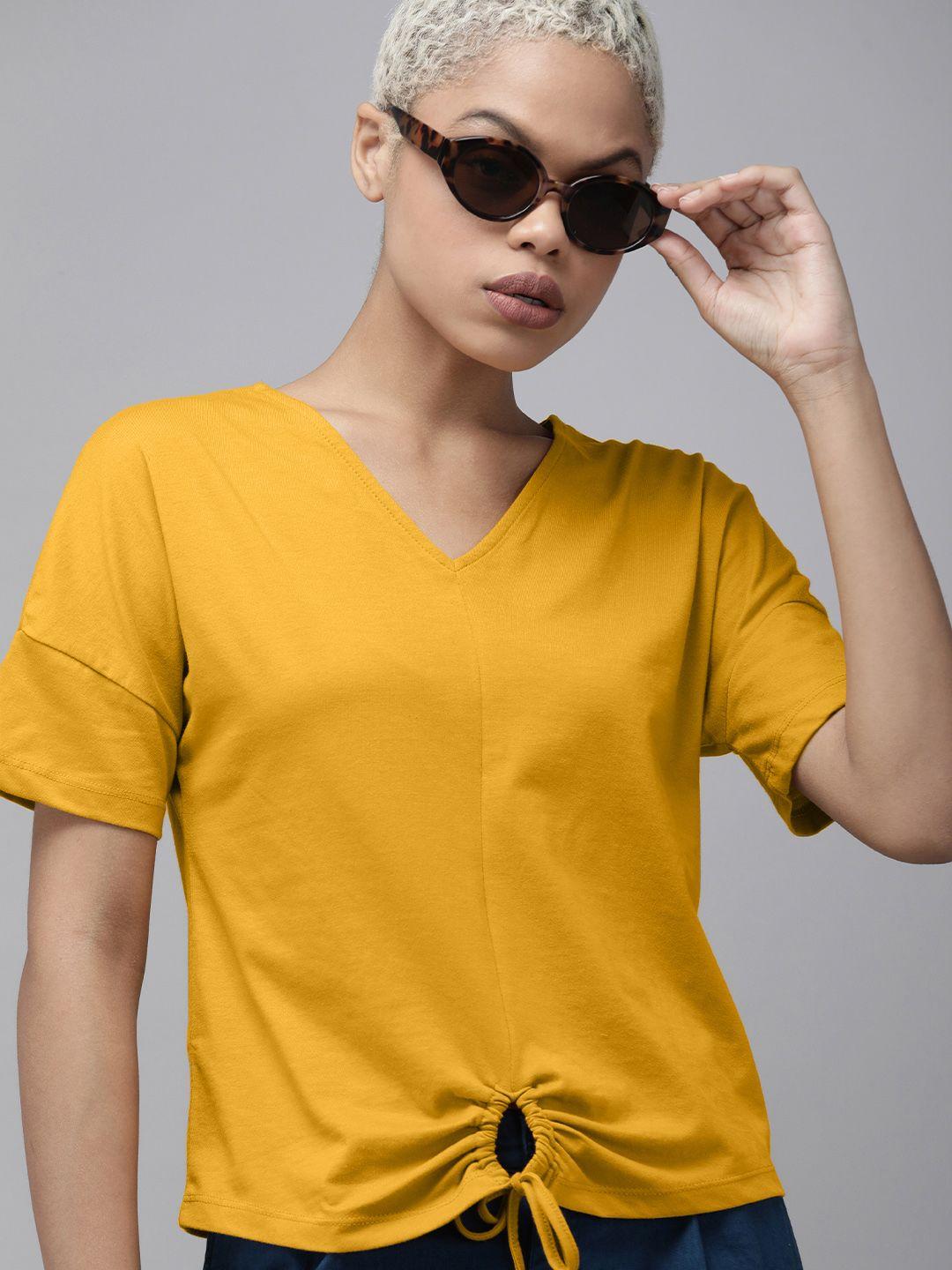 the roadster lifestyle co mustard yellow solid v-neck extended sleeves top