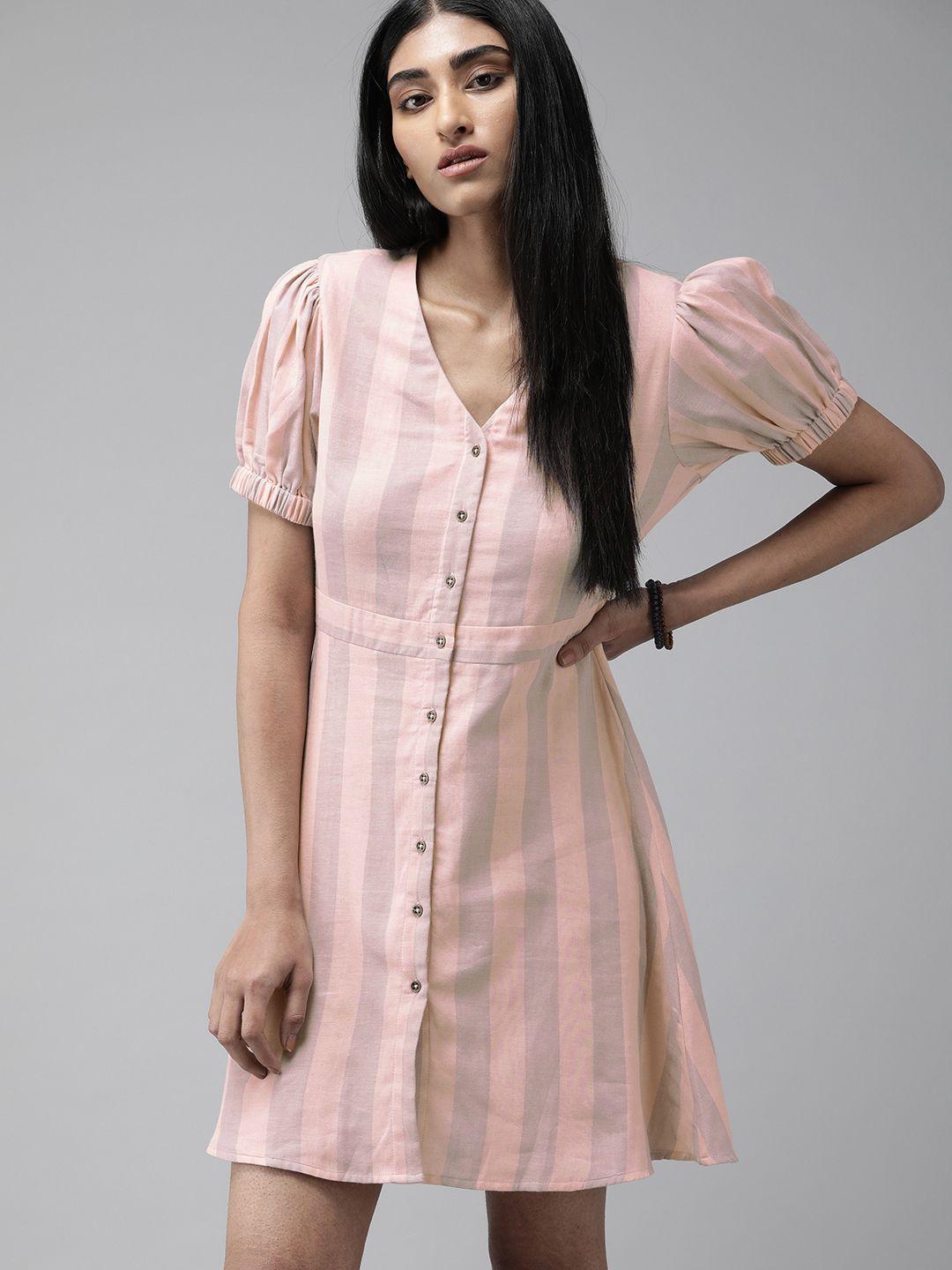 the roadster lifestyle co pink & grey striped puff sleeves  pure cotton  a-line dress