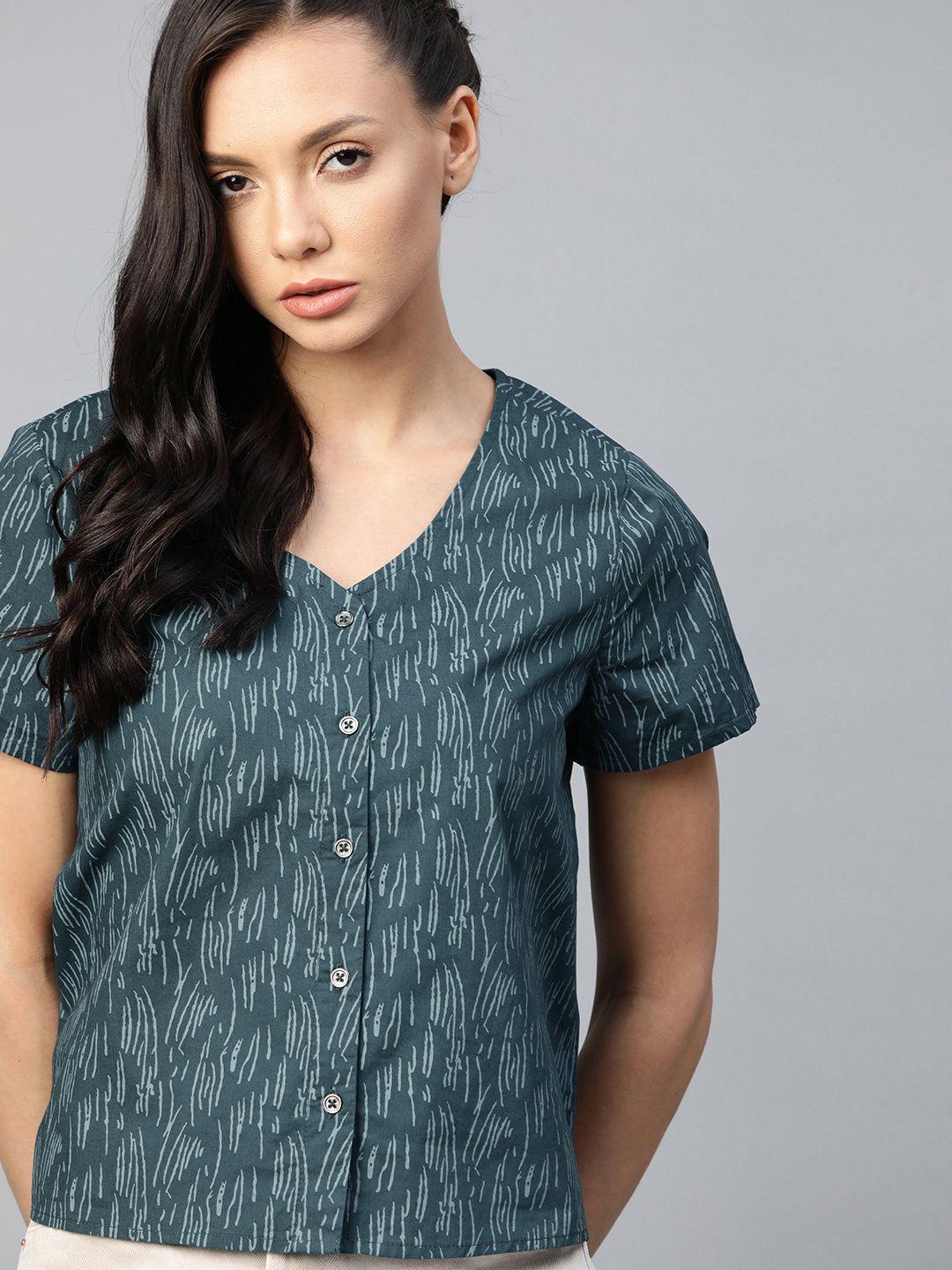 the roadster lifestyle co teal green pure cotton printed regular top