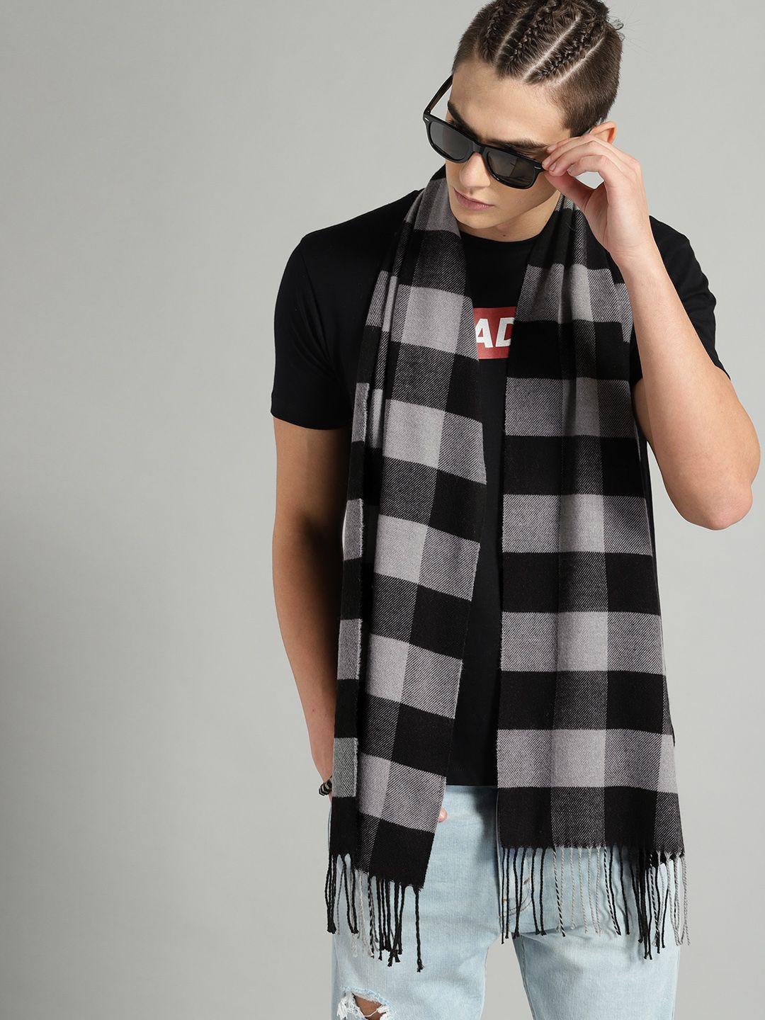 the roadster lifestyle co unisex black & grey melange checked acrylic scarf